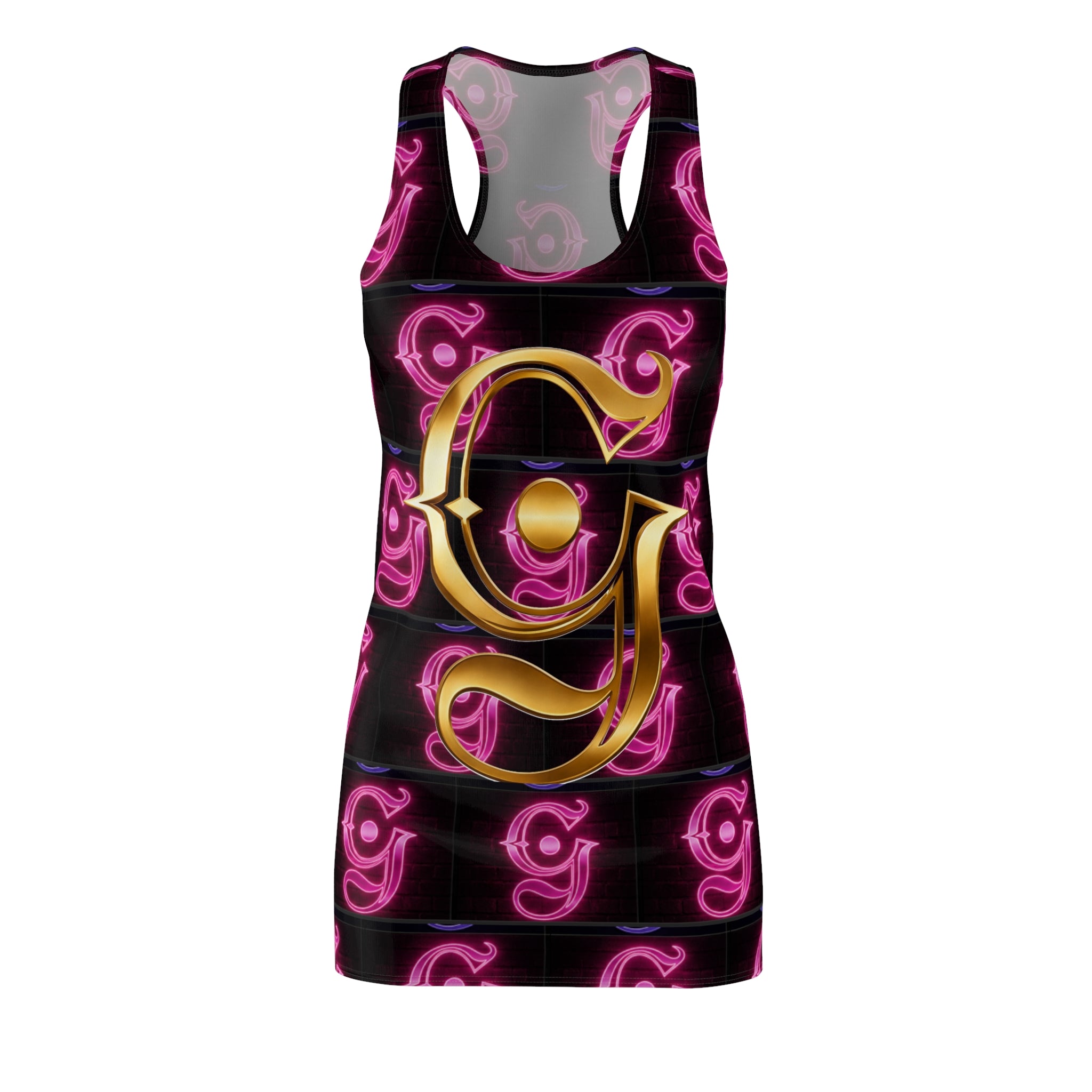 Gold Monogram 'G' Racerback Dress — Neon Pink Patterned AOP