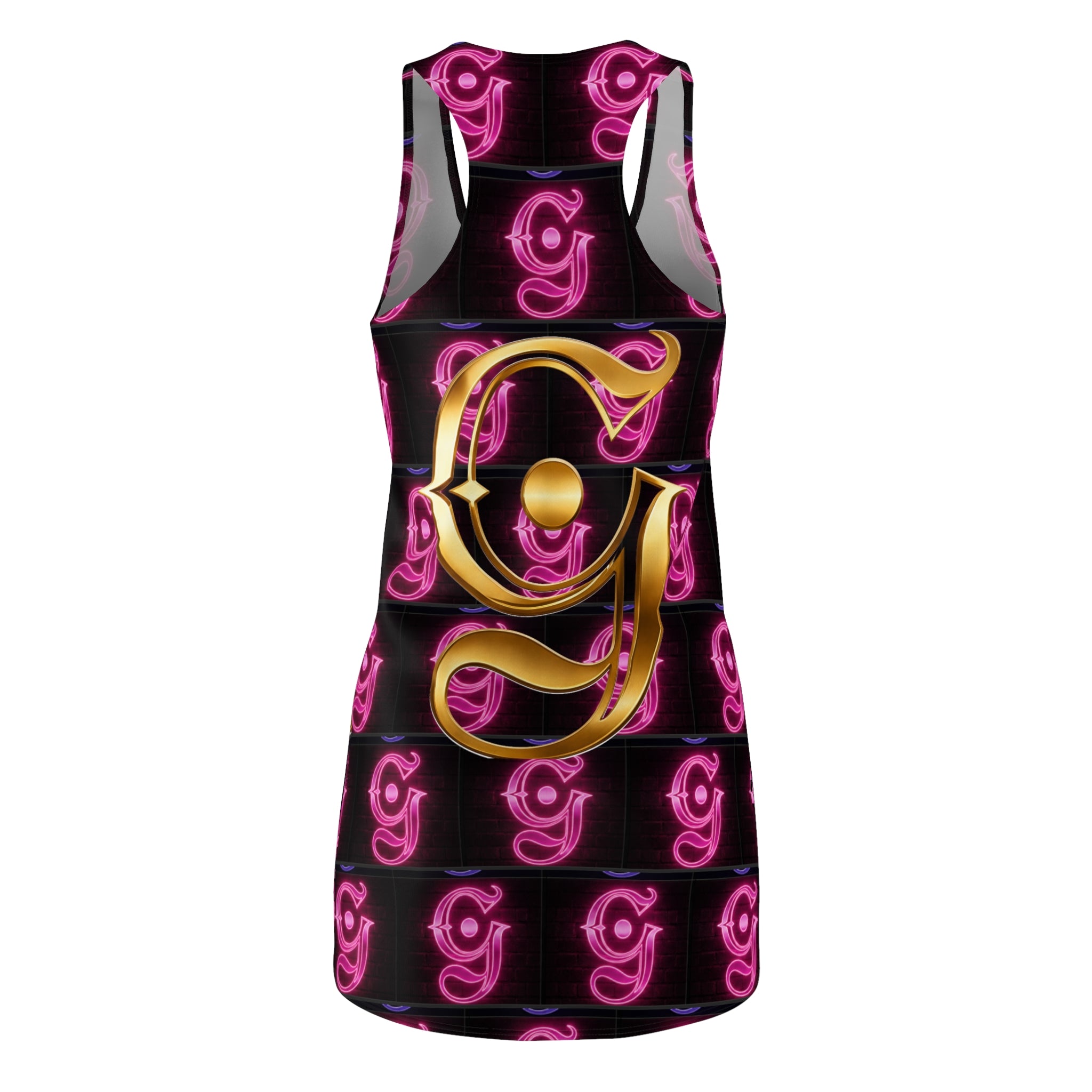 Gold Monogram 'G' Racerback Dress — Neon Pink Patterned AOP