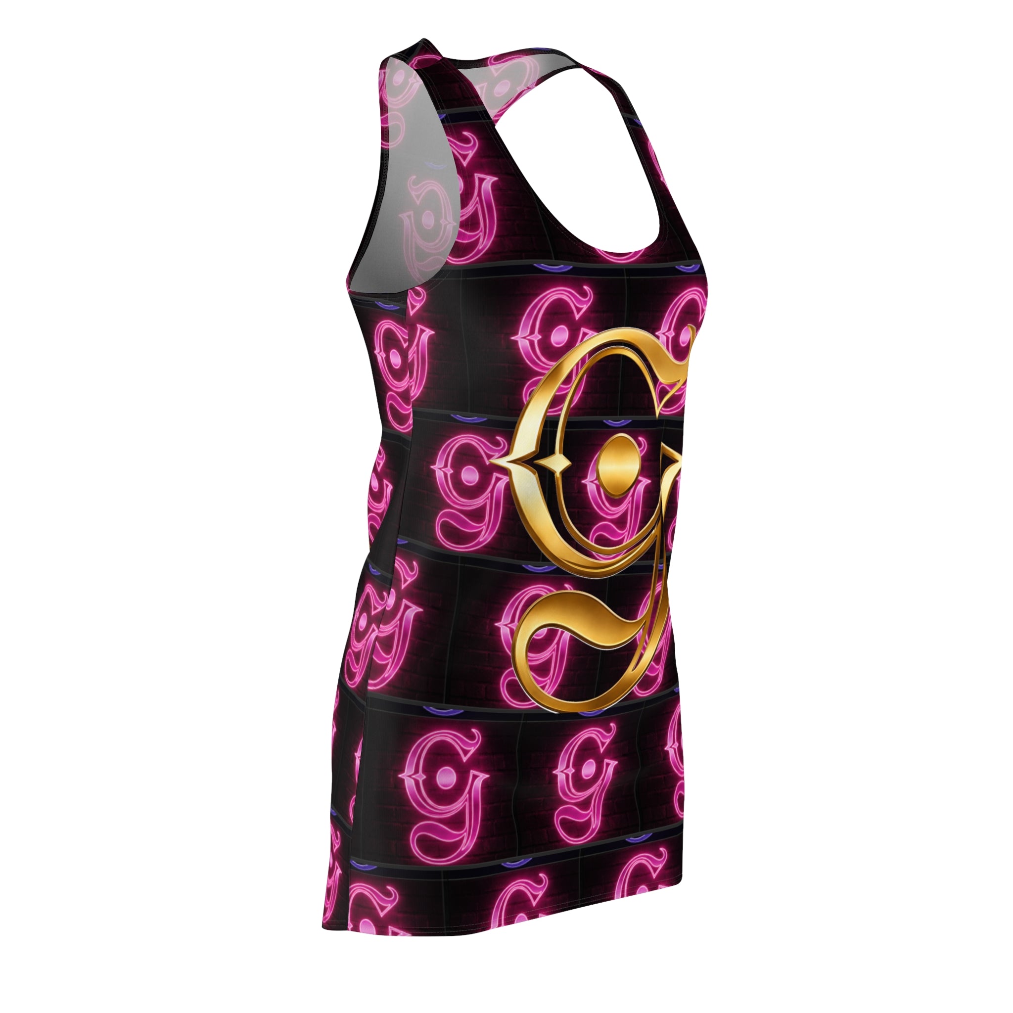 Gold Monogram 'G' Racerback Dress — Neon Pink Patterned AOP
