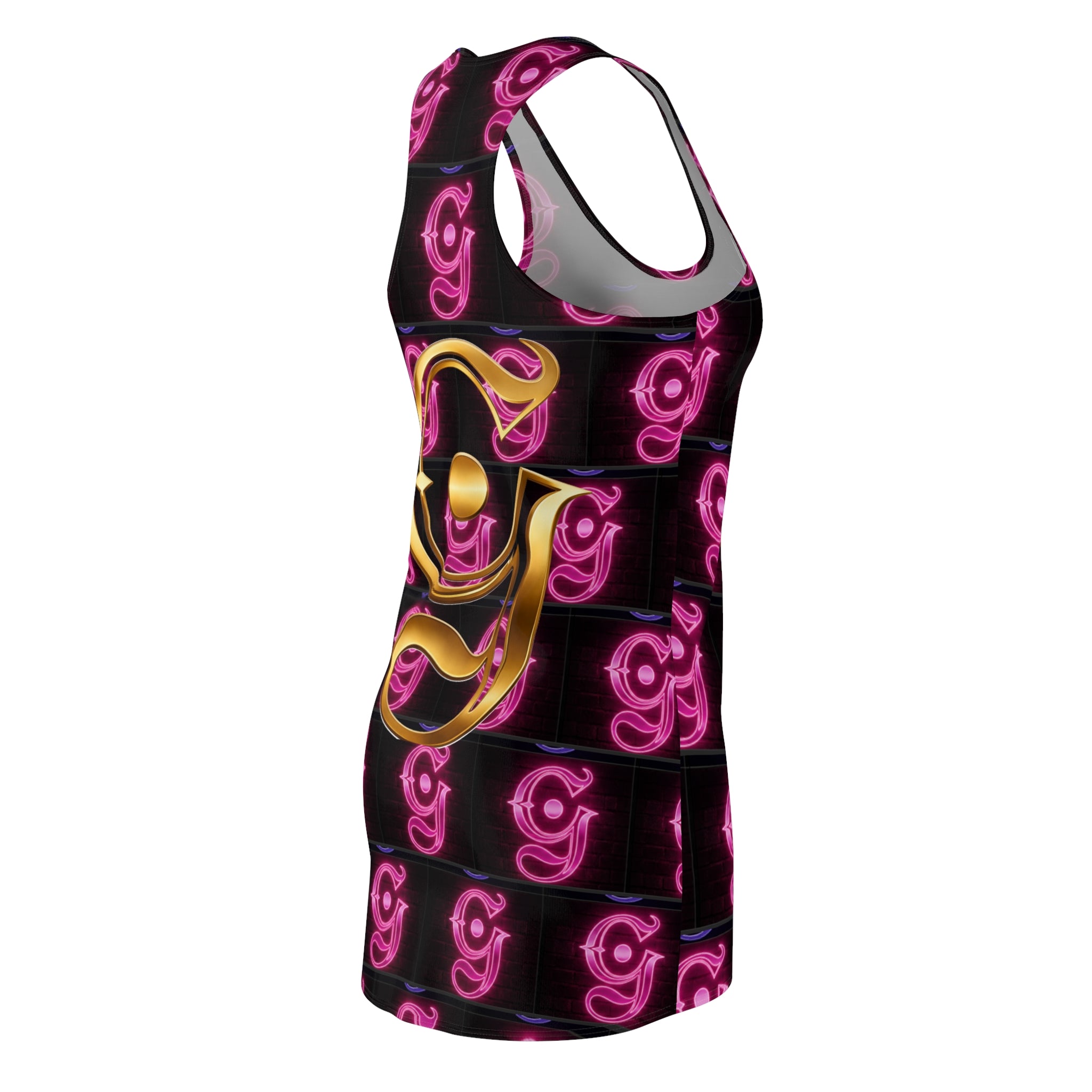 Gold Monogram 'G' Racerback Dress — Neon Pink Patterned AOP