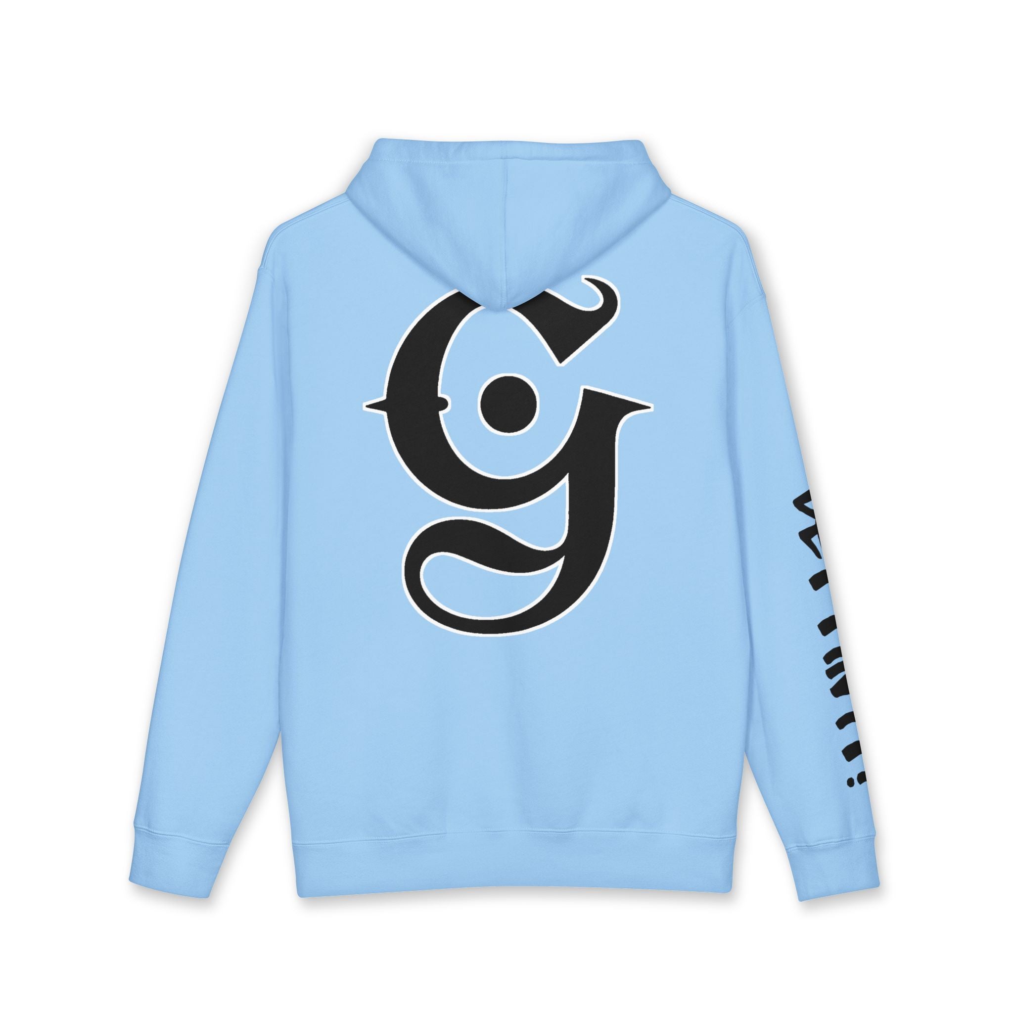Light blue hoodie with a black logo on the back and 'G' on the sleeve, on a white background